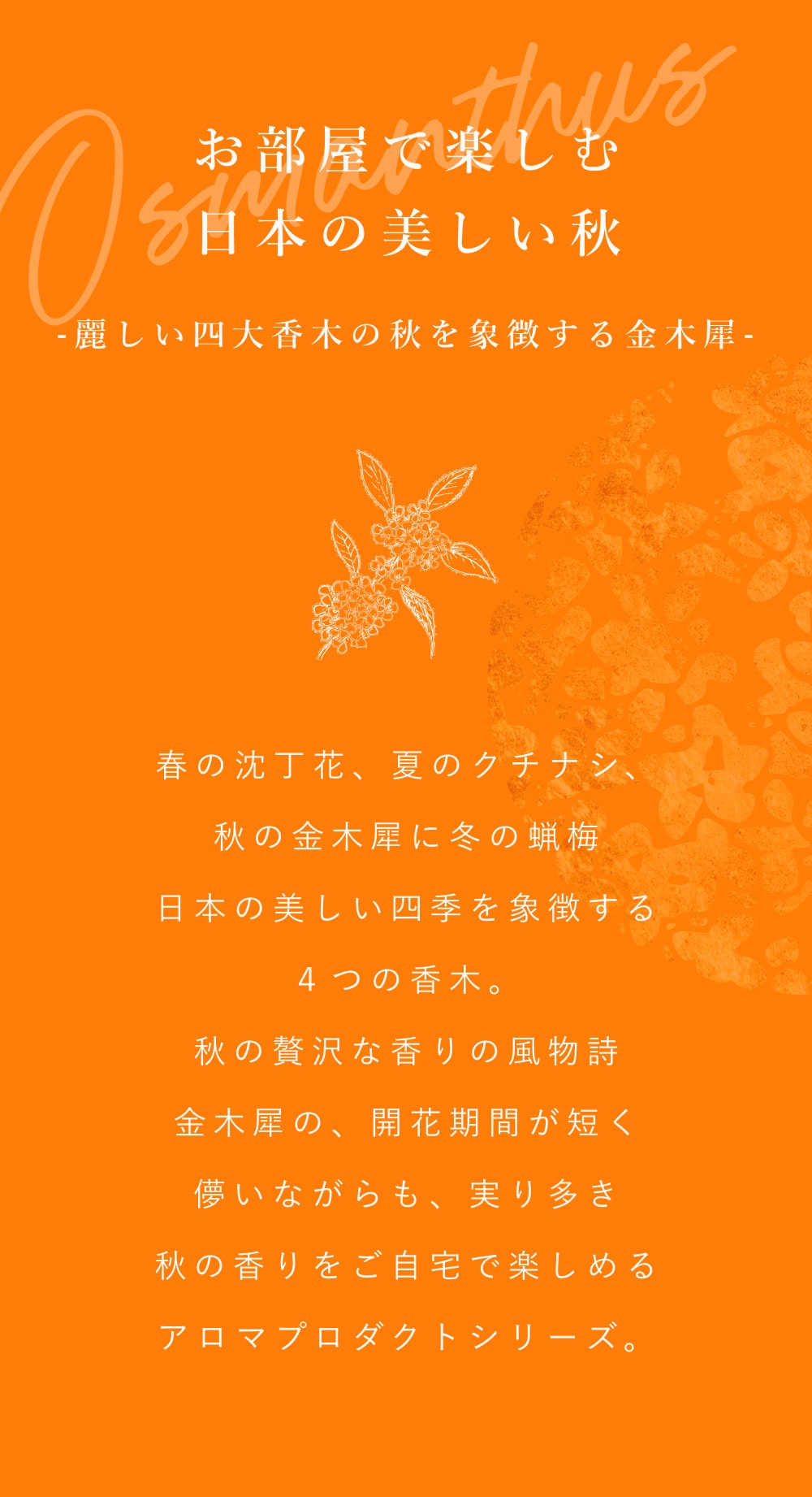 金木犀,日本製,消臭,リードディフューザー,ルームフレグランス,ステイホーム,おうち時間,キンモクセイ,きんもくせい,日本製,オスマンサス,香り,匂い,芳香剤,部屋,アロマディフューザー,プレゼント,ギフト,アロマ,ファブリック,ルームスプレー,部屋干し,ニオイ消し,汗臭,生活臭,加齢臭,オスマンサス,香り,匂い,コロン,芳香剤
