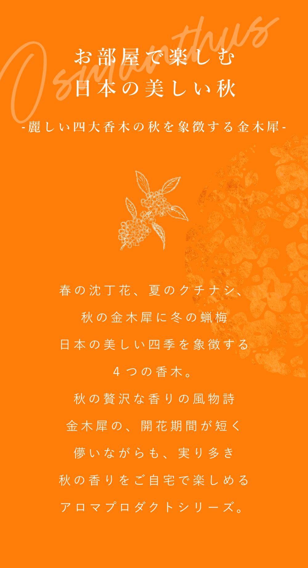 金木犀,日本製,消臭,リードディフューザー,ルームフレグランス,ステイホーム,おうち時間,キンモクセイ,きんもくせい,日本製,オスマンサス,香り,匂い,芳香剤,部屋,アロマディフューザー,プレゼント,ギフト,アロマ,ファブリック,ルームスプレー,部屋干し,ニオイ消し,汗臭,生活臭,加齢臭,オスマンサス,香り,匂い,コロン,芳香剤