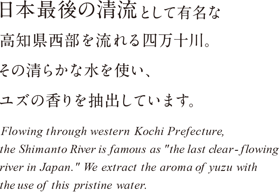 日本最後の清流として有名な高知県西部を流れる四万十川。その清らかな水を使い、ユズの香りを抽出しています。