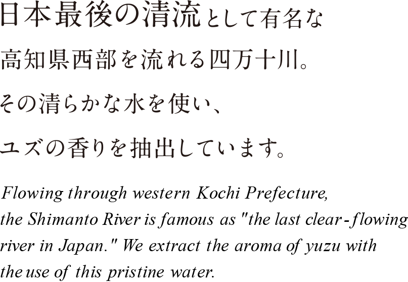 日本最後の清流として有名な高知県西部を流れる四万十川。その清らかな水を使い、ユズの香りを抽出しています。