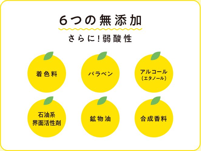 6つの無添加　さらに弱酸性、着色料、パラベン、アルコール（エタノール）、石油系界面活性剤、鉱物油、合成香料