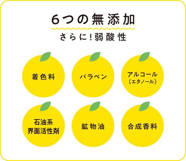 6つの無添加　さらに弱酸性、着色料、パラベン、アルコール（エタノール）、石油系界面活性剤、鉱物油、合成香料